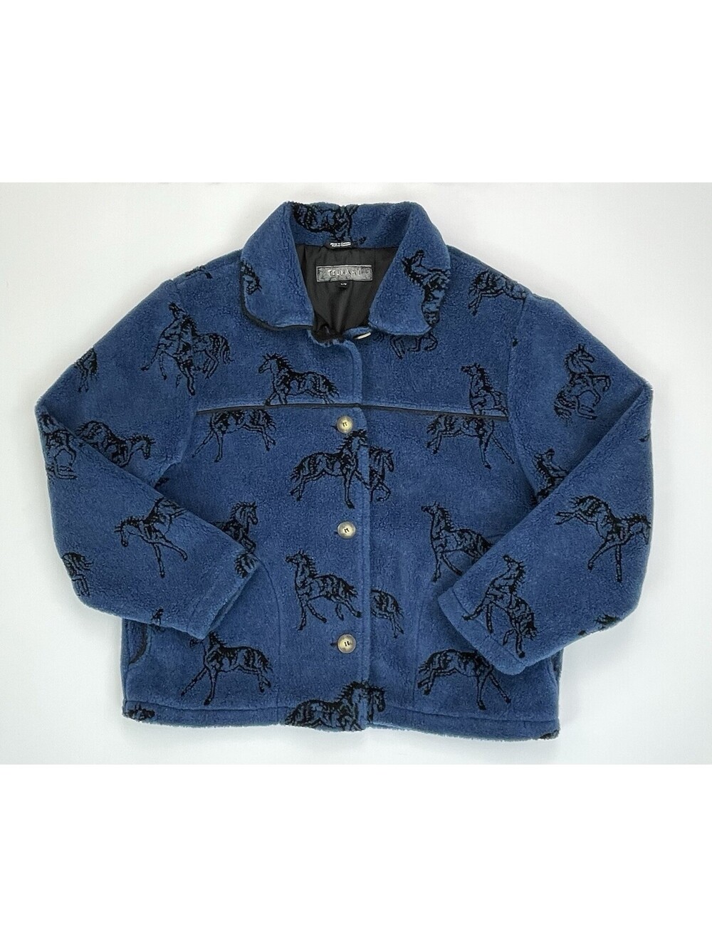 Vtg 90s Tsunami Horse Print Sherpa Fleece Jacket L Blue Western Ranch Cowgirl